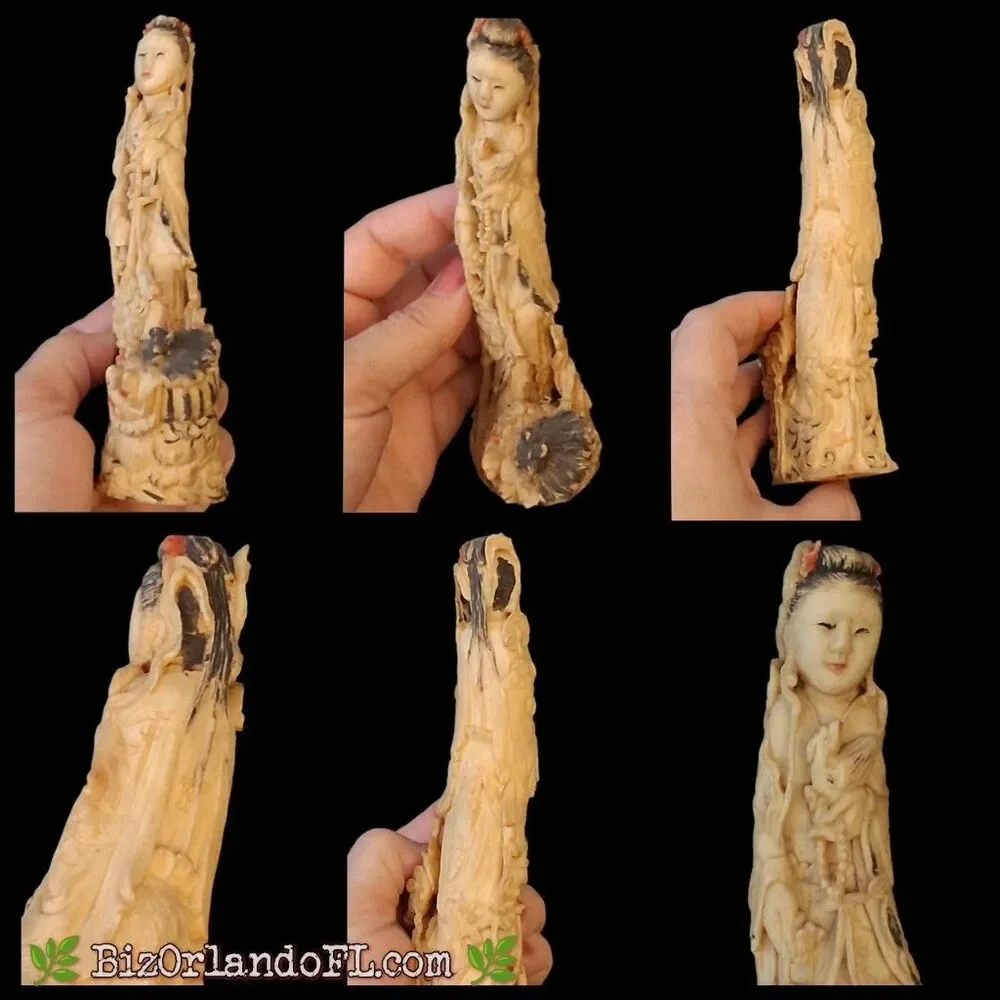 VINTAGE: Guan Yin & Foo Lion Chinese Decorative Resin Carving Souvenir Figurine